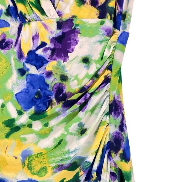 Ralph Lauren Dress Floral Watercolor Green Blue Yellow Ruching Stretch Sz 10 - Picture 5 of 9